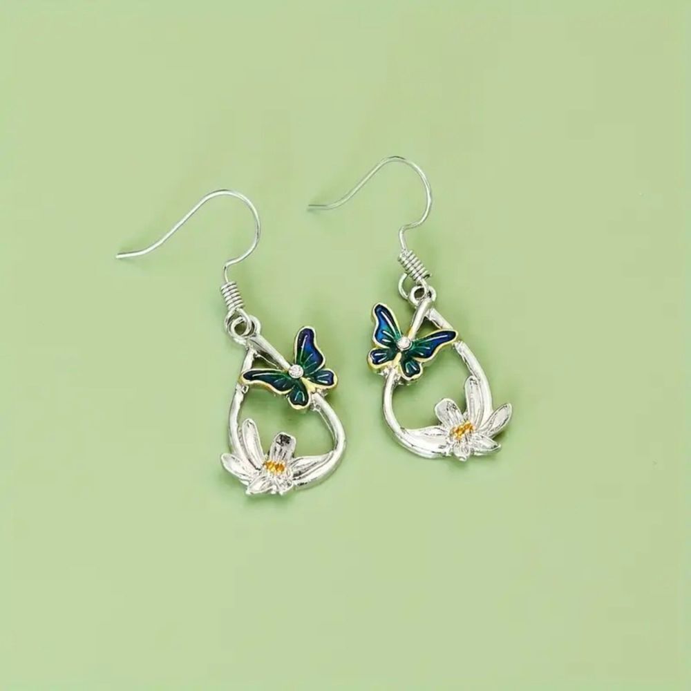New - Teardrop Shape Butterfly and Flower Hook Dangle Earrings - Picture 6 of 8
